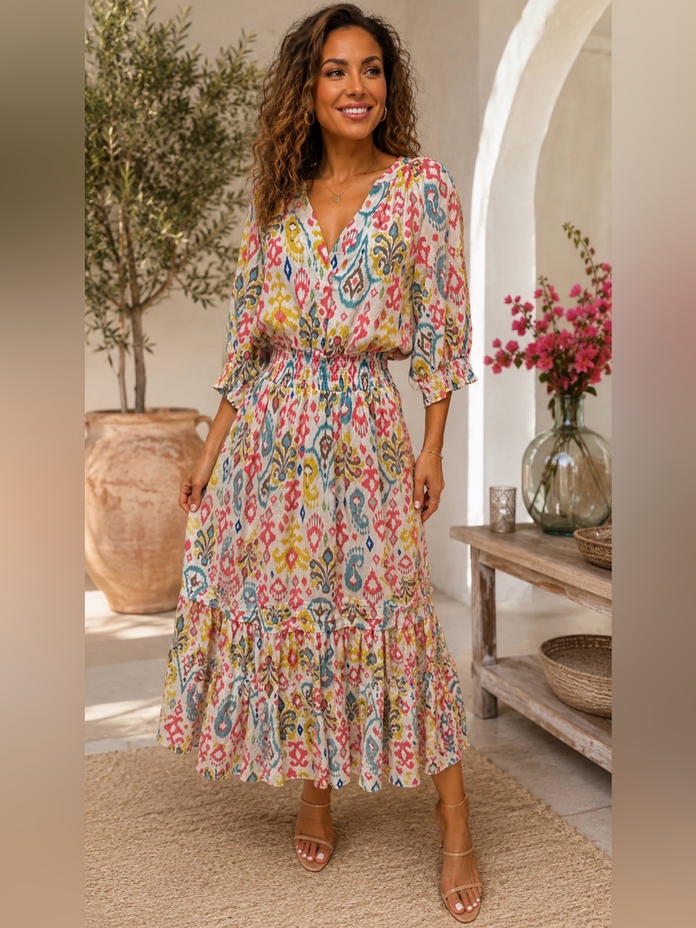 Anthropologie Pink Multi Ikat Maxi Dress with Pockets